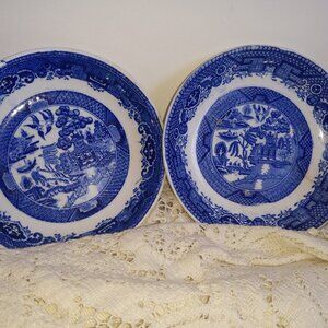 19th C Petrus Regout & Co Mastricht BLUE WILLOW/FLOW BLUE Holland Pair of Bowls